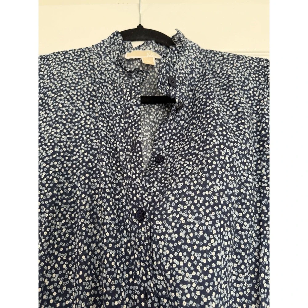 Michael Kors Floral Cotton Lawn Tiered Mini Dress Smocked Waist Navy Blue Medium